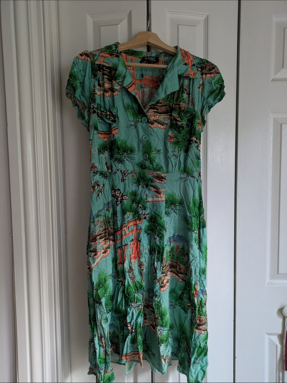 Vintage-Inspired Green Scenic Print Women's Dress
